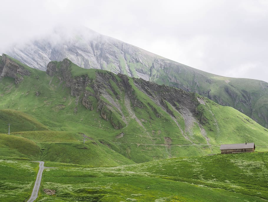 green, grass, highland, mountain, landscape, nature, house HD wallpaper