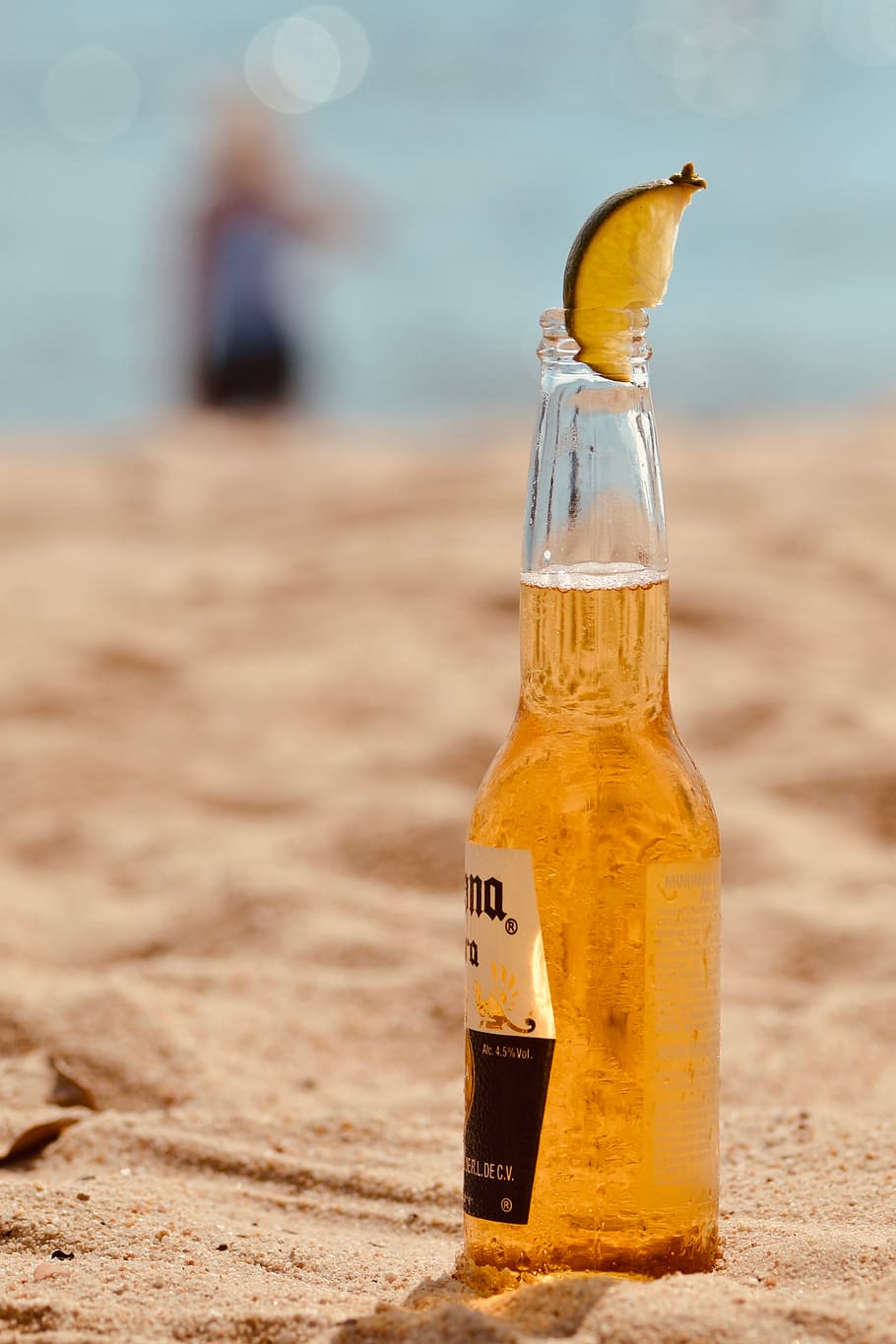 Corona Beer Bottle Across Sands, alcohol, beach, beverage, blur