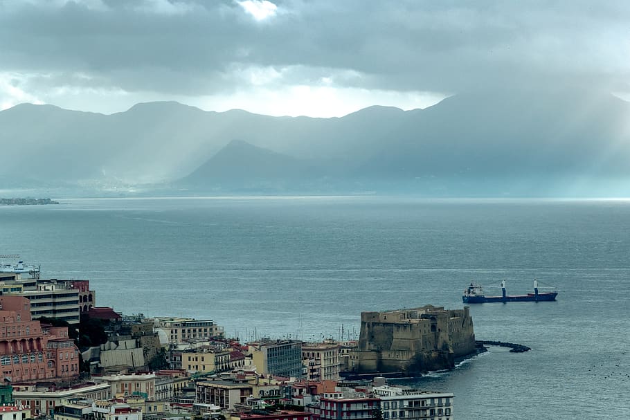 italy, napoli, view, scape, sky, coast, boat, sea, water, mountain HD wallpaper