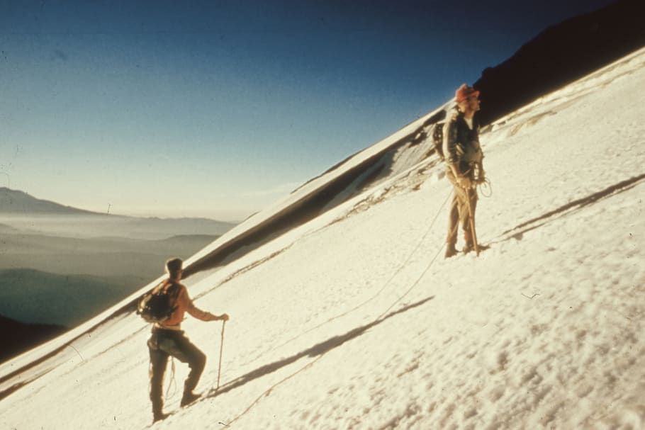 two men standing on snow covered mountain, one person, sky, nature HD wallpaper