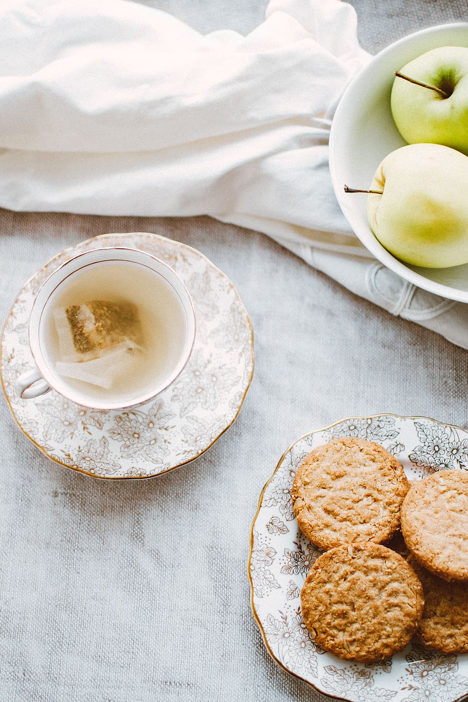 Bowl of Apples, Plate of Biscuits, and Teacup, baked, beverage HD wallpaper