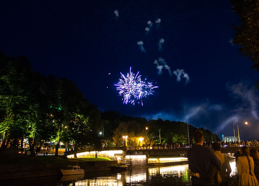 finland, turku, fireworks, city, river, night, illuminated, HD wallpaper