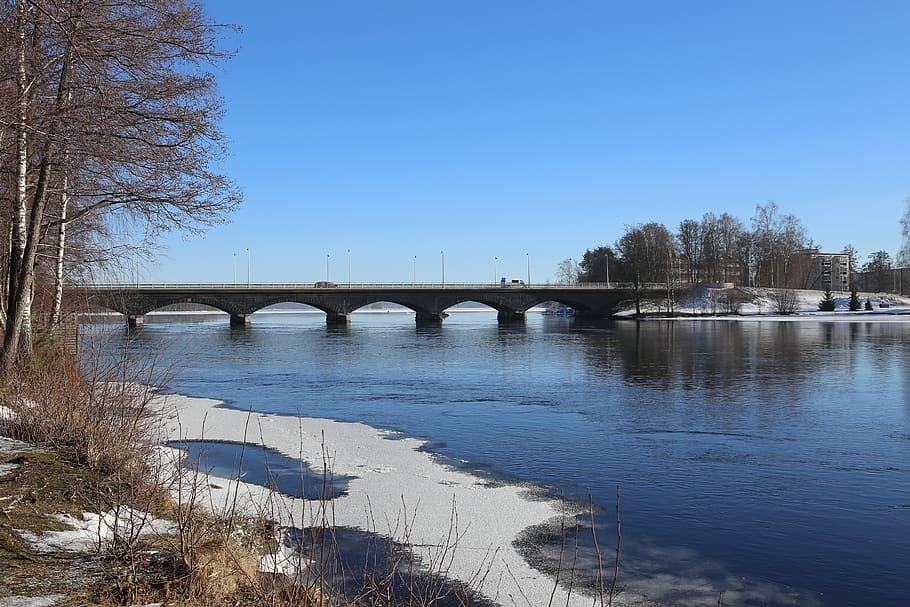 bridge, river, power, beach, snow, kokemäki, winter, sastamala HD wallpaper