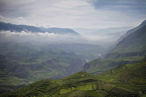 terrace, chivay, river, valley, lanscape, peru, canyon, colca canyon HD wallpaper