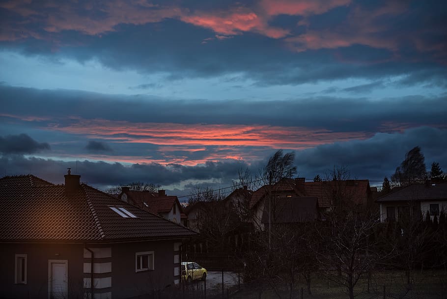 poland, house, backyard, sky, night lighht, blue, car, yellow HD wallpaper