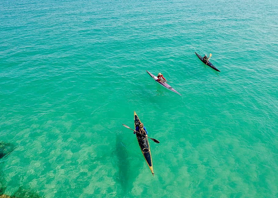Three Yellow and Pink Kayak, daytime, kayaking, ocean, people HD wallpaper
