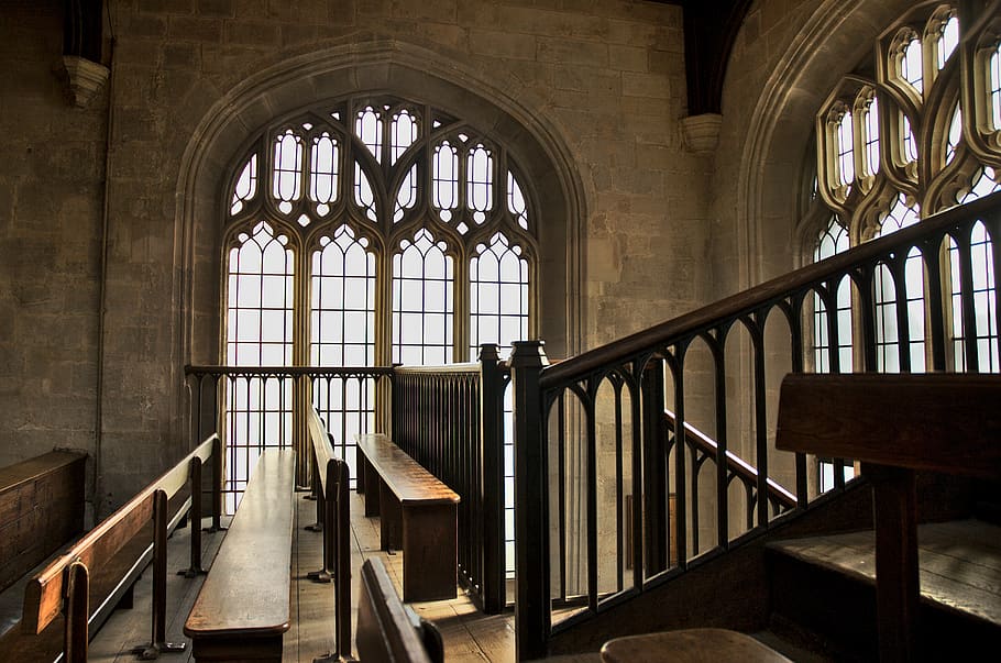 church, pew, bench, ancient, stone, wood, light, backlit, arch HD wallpaper