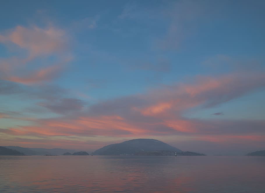 norway, drøbaksundet, skies, fjord, colors, fog, low contrast, HD wallpaper
