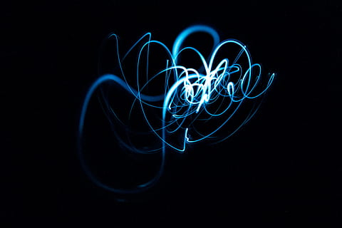 light, squiggly, line, blue, neon, black background, long exposure HD wallpaper