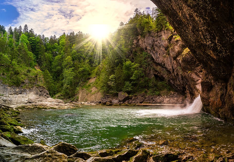 nature, waterfall, landscape, sunbeam, waters, idyll, backlighting HD wallpaper