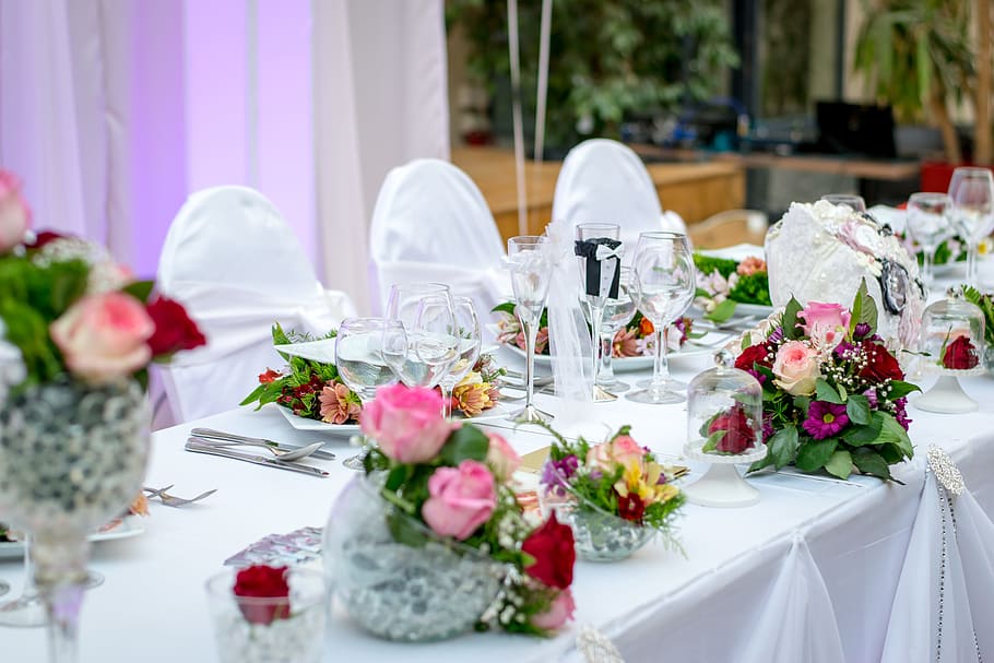 wedding, celebration, table, setup, flower, cloth, skirting