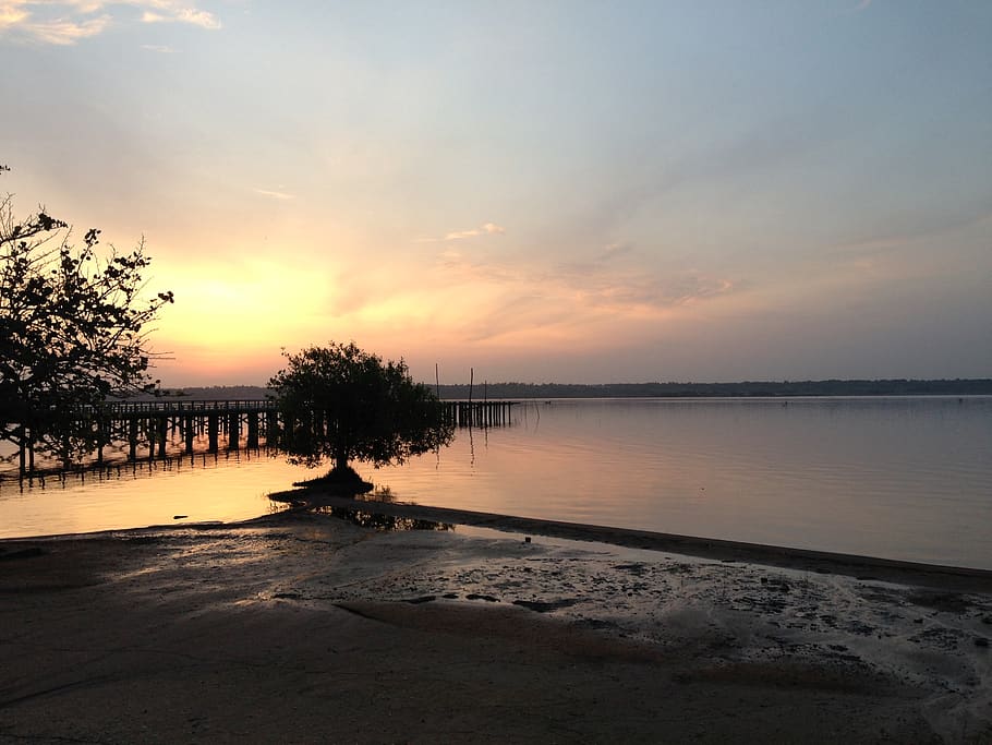 bridge, tree, lake, sunset, sky, water, beauty in nature, scenics - nature HD wallpaper