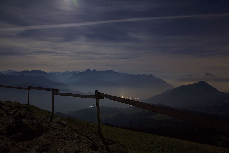 night, mountains, moonlight, nature, mood, long exposure, sky HD wallpaper