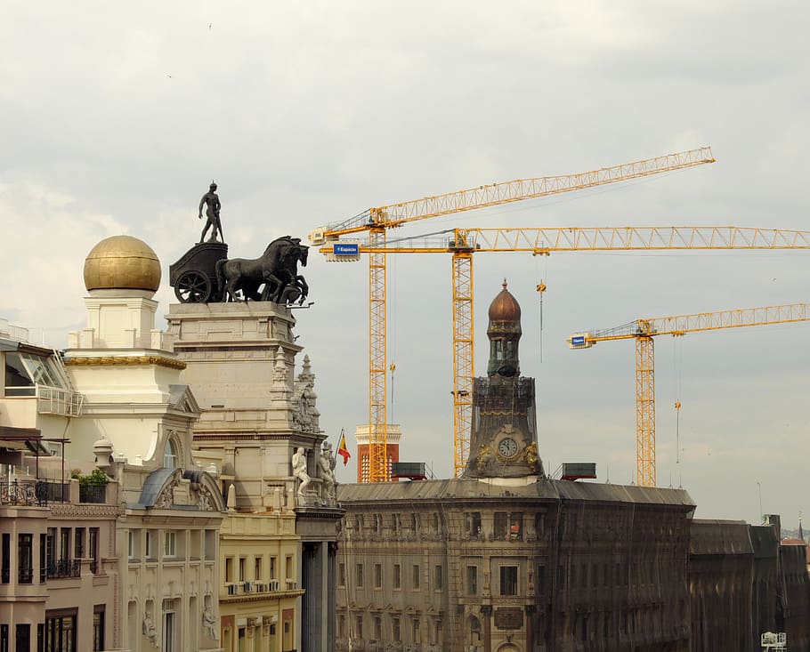 madrid, spain, rooftops, cranes, building, architecture, built structure HD wallpaper