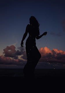 Silhouette of Dancing Woman, backlit, clouds, dark, dawn, dramatic sky HD wallpaper