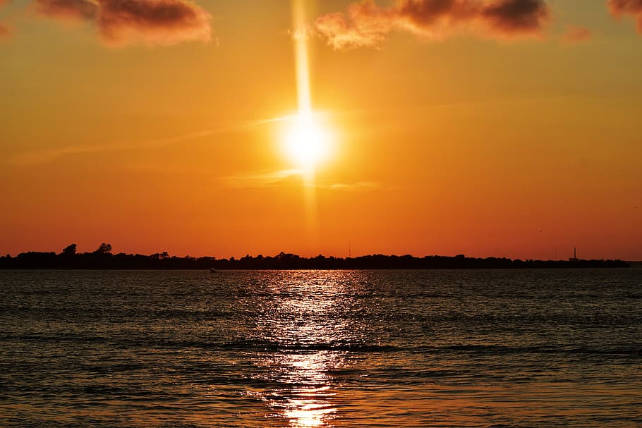 united states, barnegat light, bay, trees, sky, colors, sunset HD wallpaper