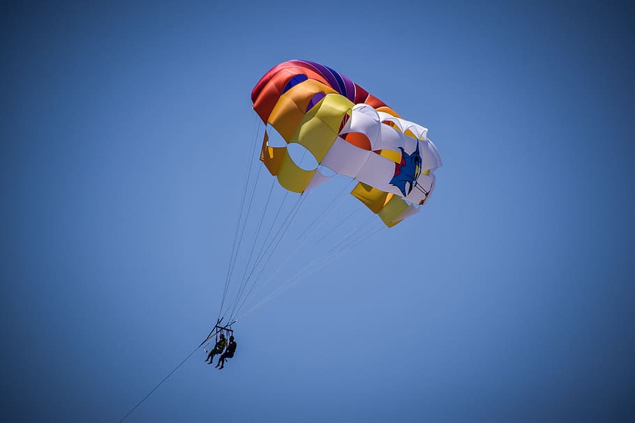 parachute, colored, colorful, sky, blue, summer, recreation HD wallpaper