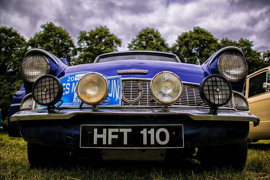 parked blue car, mode of transportation, retro styled, headlight HD wallpaper