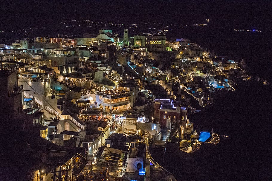 night, city, cliff, lights, sea, thira, santorini, greek islands