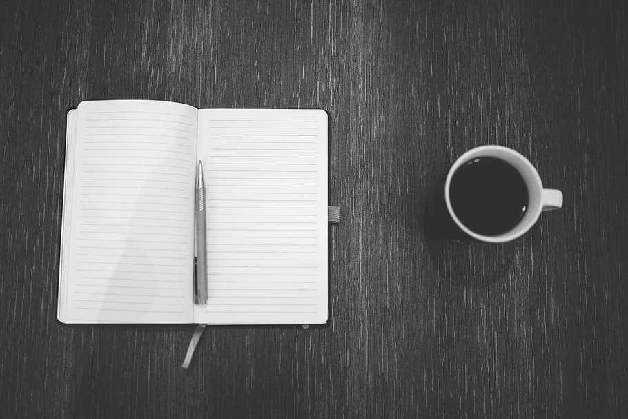 Gray Pen on Opened Notepad, black-and-white, coffee, cup, mug, HD wallpaper