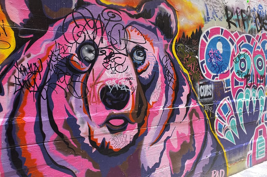 pink bear painted wall, art and craft, creativity, representation HD wallpaper