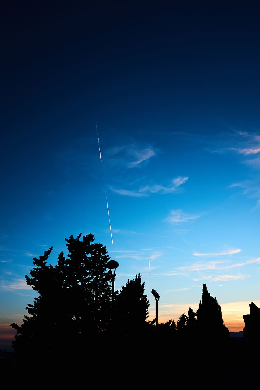spain, málaga, sky, silhouette, tree, plant, cloud - sky, vapor trail HD wallpaper