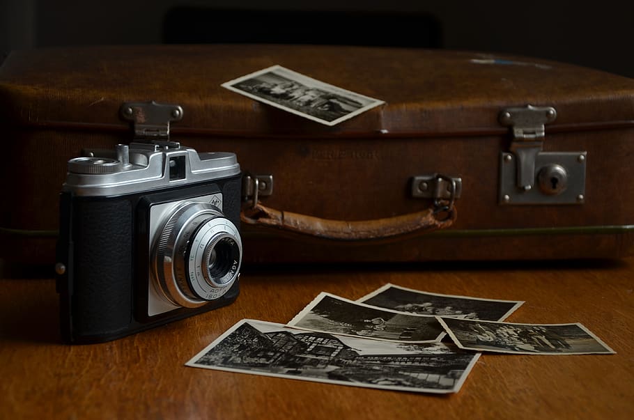 Black and Gray Camera Beside Photos, agfa, antiquarian, images HD wallpaper