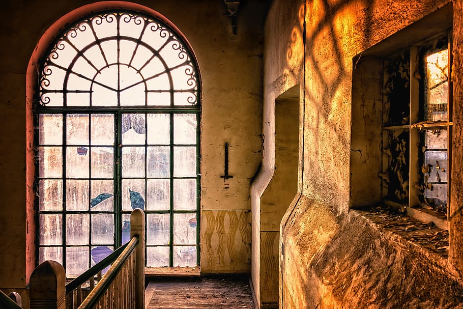 window, arch, architecture, staircase, ground, lost places HD wallpaper