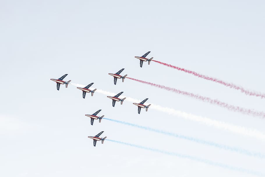 eight plane doing aerobatics, pilot, aviator, belgian, aerial HD wallpaper