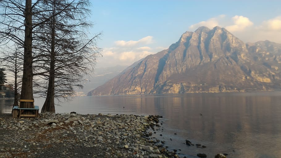 lake, mountain, trees, sky, fog, nature, mountains, landscape HD wallpaper