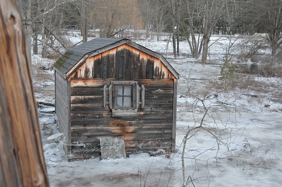shack, house, ice, ice house, log cabin, barn, pond, snow, built structure HD wallpaper