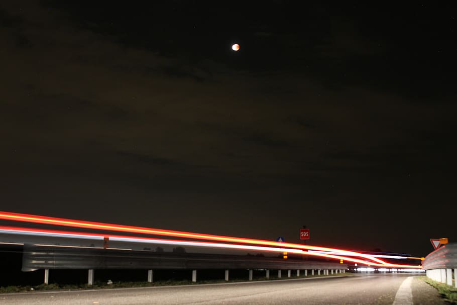 eclipse, cars, moon, street, night, red, motion, long exposure HD wallpaper