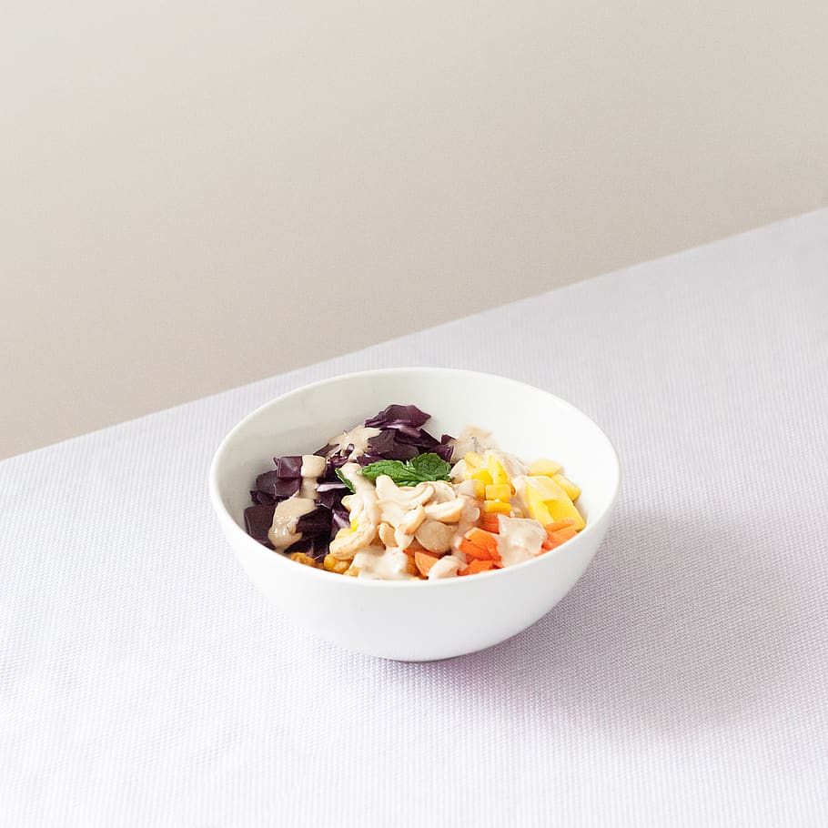 white ceramic bowl on white surface, food, food and drink, ready-to-eat HD wallpaper