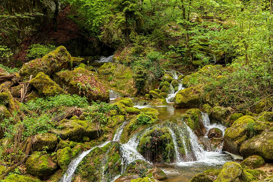 waterfall, mountain stream, green, nature, landscape, murmur HD wallpaper