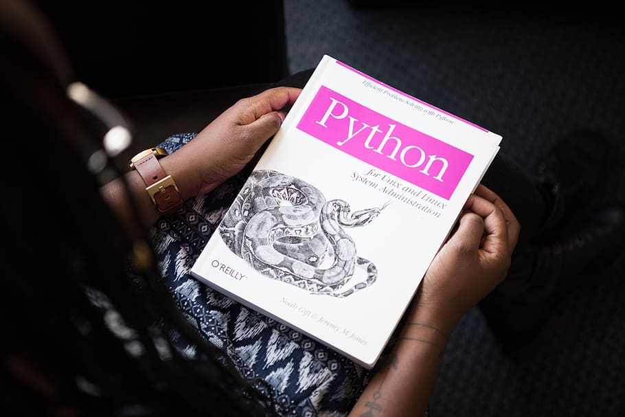 Python Book, adult, coder, developer, education, from above, hands