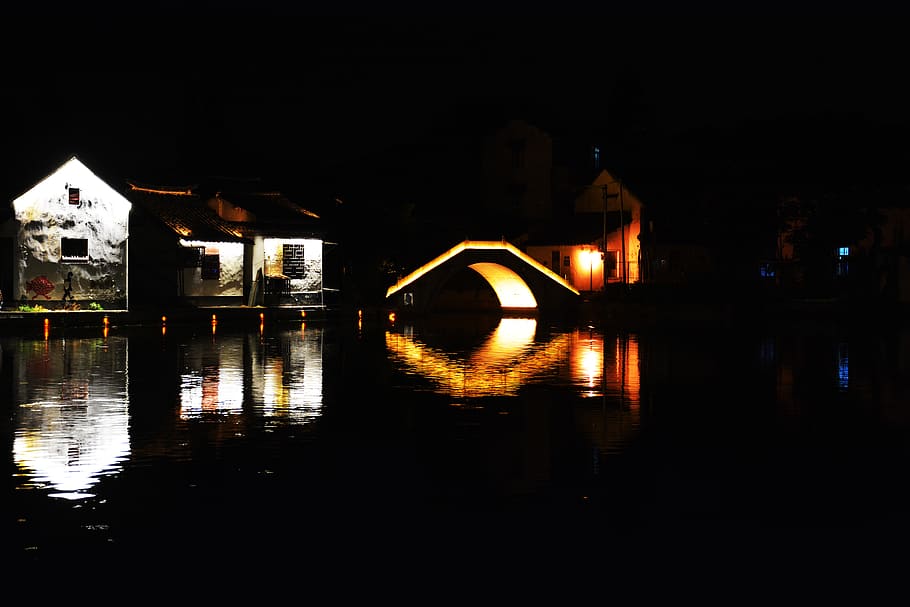 architecture, built structure, water, reflection, night, building exterior HD wallpaper