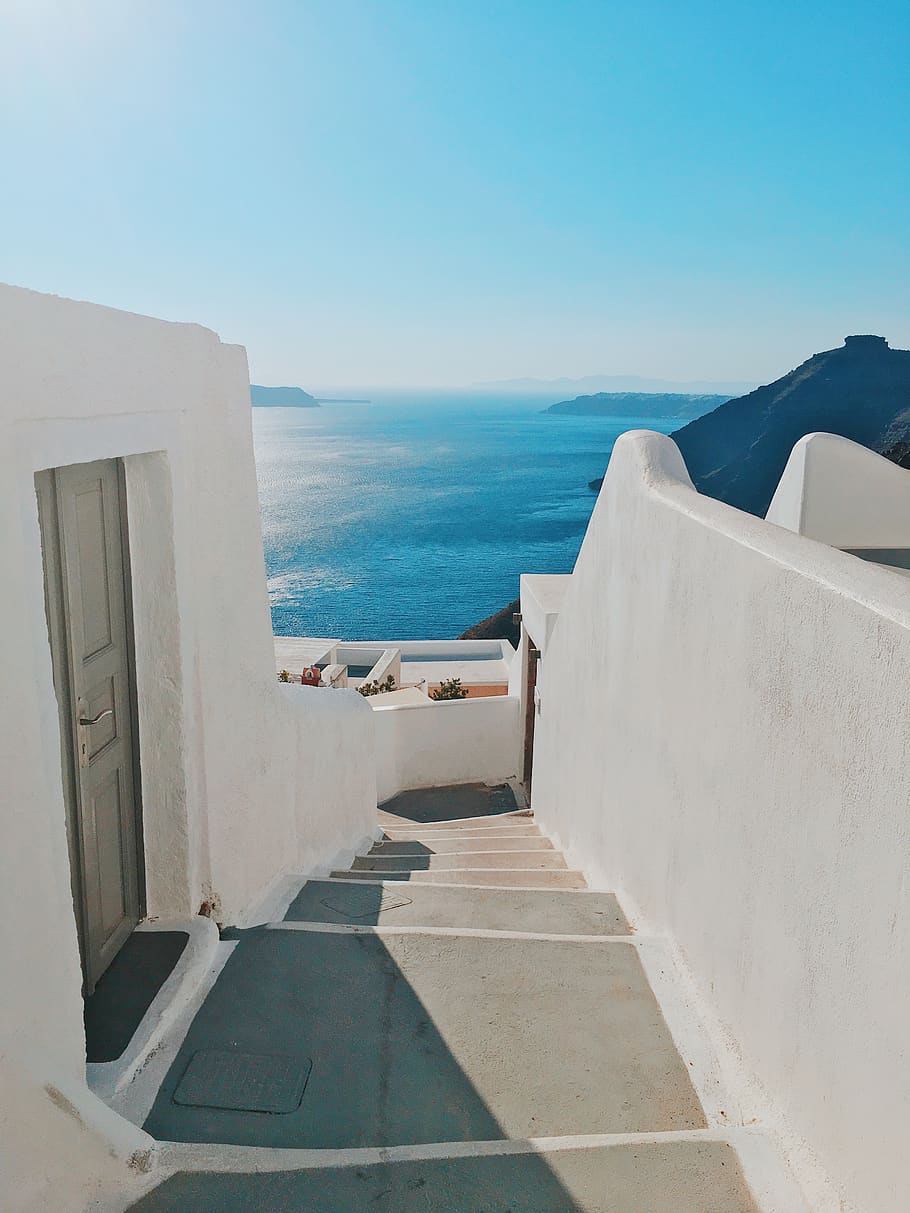 HD wallpaper: greece, santorini, stairs, blue, staircase, white, ocean ...