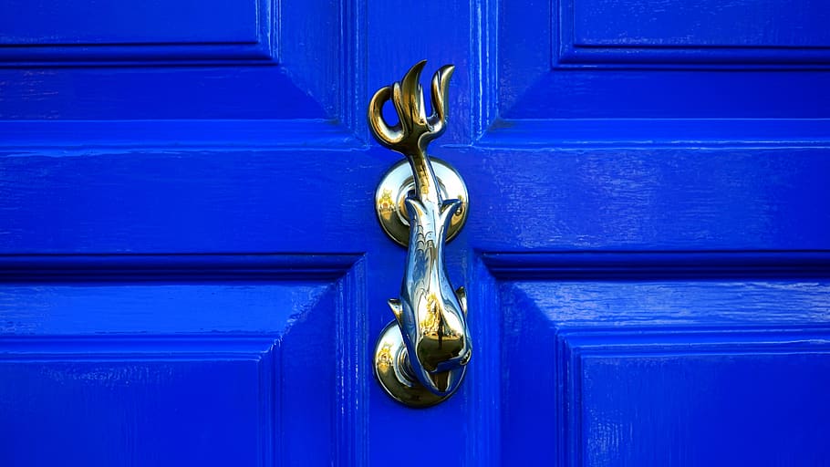 Brass Door Handle, antique, art, blue, doorknob, doorway, front, HD wallpaper