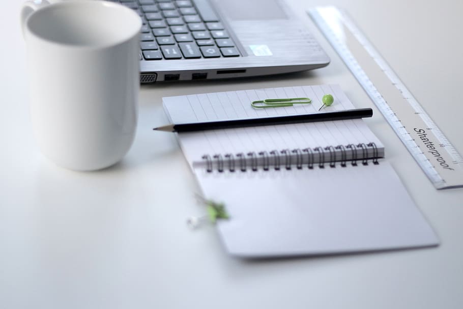 white, table, ruler, notebook, pencil, pin, mug, cup, laptop HD wallpaper