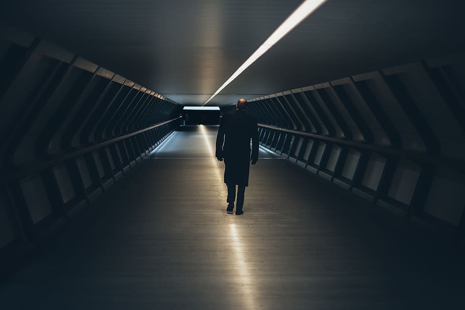 people, man, dark, pathway, steel, reflection, light, black HD wallpaper