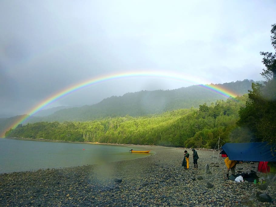 patagonia, camp, beach, forest, lake, rainbow, beauty in nature HD wallpaper