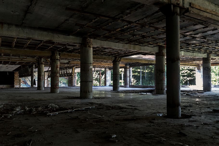 factory, hotel, past, abandoned, crash, columns, architecture, HD wallpaper