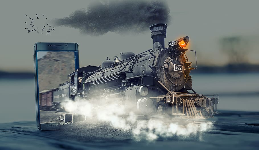 manipulation, locomotive, steam train, manipulation smartphone, HD wallpaper