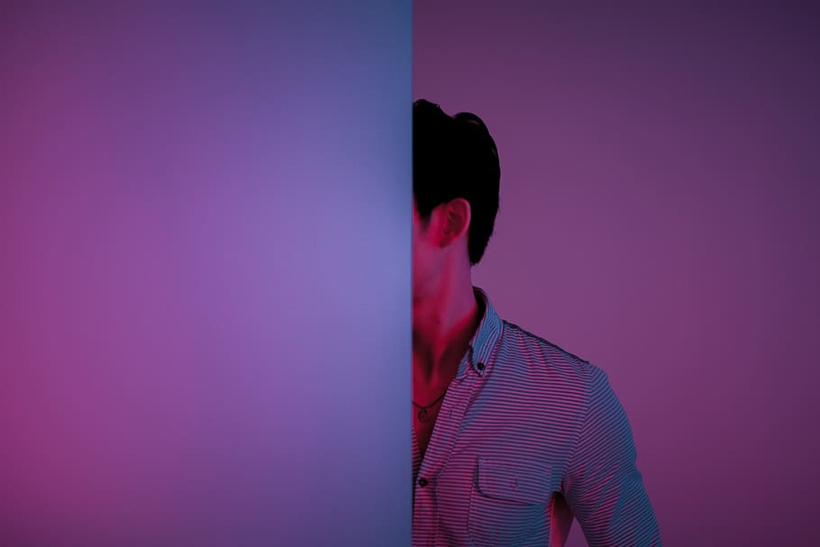 man in grey dress shirt, male, wall, hide, light, neon, hidden HD wallpaper