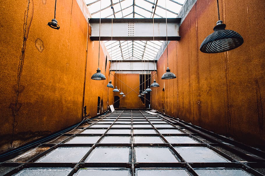 Black Pendant Lamps, abandoned, architecture, building, ceiling HD wallpaper
