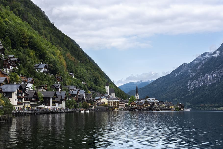 austria, hallstatt, mountain, water, sky, architecture, built structure HD wallpaper