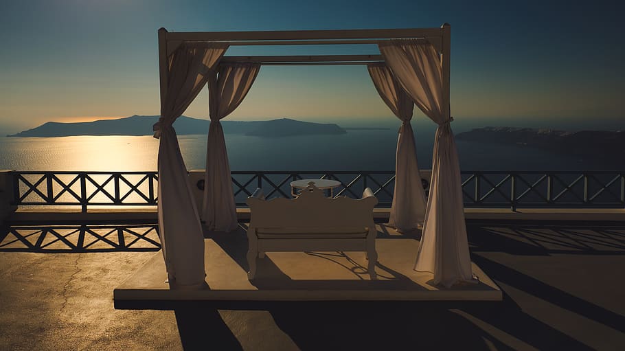 beige canopy, water, sky, sea, scenics - nature, seat, chair HD wallpaper