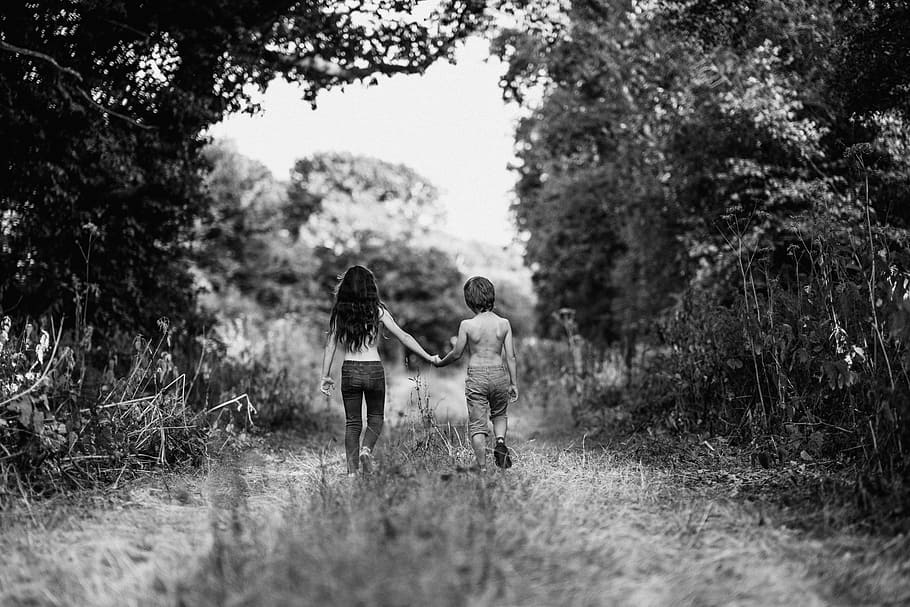 Hd Wallpaper Grayscale Photo Of Boy And Girl Walking On Path Child Hand In Hand Wallpaper Flare