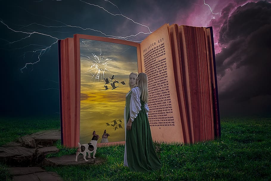 manipulation, book, mirror, dog, landscape, sky lightning, woman HD wallpaper