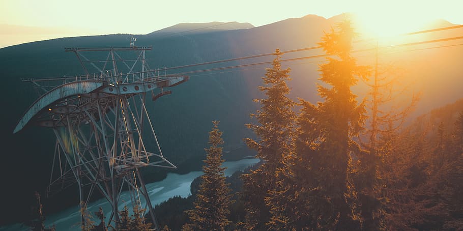 canada, grouse mountain, mountains, forest, sunset, trees, lift HD wallpaper
